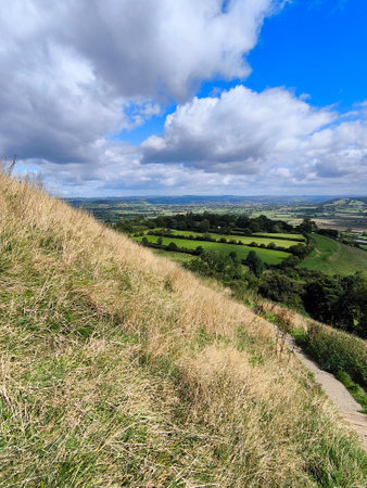 Landscape in the south in Glastonbury in the south of England in a cloudy dayの写真素材