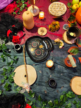 Jerez de la Frontera, Spain-01 November 2024- Samhain altar to celebrate Halloweenの写真素材