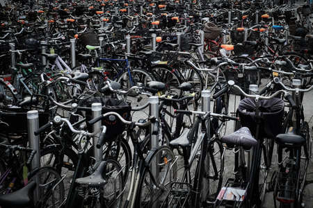 COPENHAGEN, DENMARK - OCTOBER 21, 2015: A lot of bikes in the centre of city Copenhagen.のeditorial素材