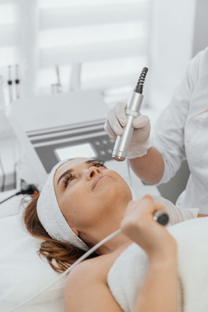 Electroporation without injection mesotherapy. Woman cosmetologist performs cosmetic procedureの写真素材