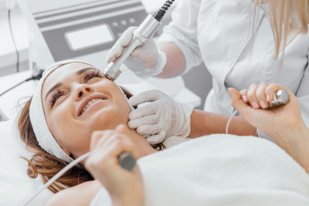 Electroporation without injection mesotherapy. Woman cosmetologist performs cosmetic procedureの写真素材