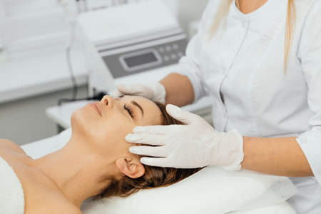 Woman beautician applies cream on face with massage. Care, relaxation, rejuvenation, nourishmentの写真素材