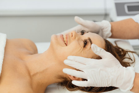 Woman beautician applies cream on face with massage. Care, relaxation, rejuvenation, nourishmentの写真素材