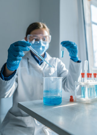 Medical research laboratory. A scientist works with a pipette and a test tube. Scientific laboratoryの写真素材