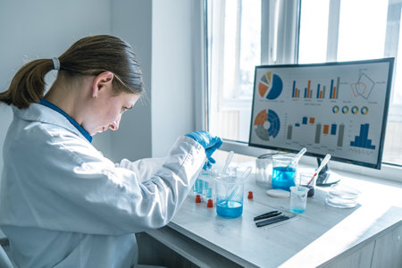 Medical research laboratory. A scientist works with a pipette and a test tube. Scientific laboratoryの写真素材