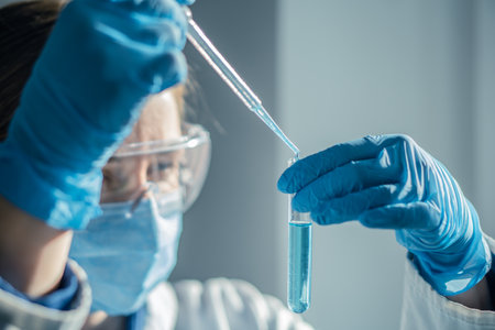 Medical research laboratory. A scientist works with a pipette and a test tube. Scientific laboratoryの写真素材