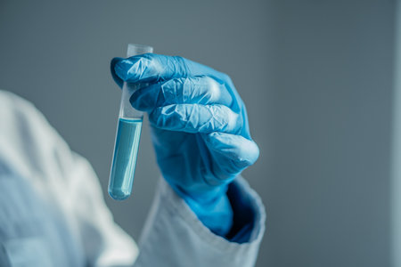 Medical test tube close-up. A medical scientist in a laboratory conducts an experiment with a new...