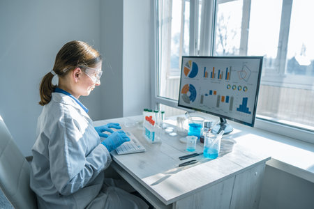 A biologist uses computer programs to analyze research in a medical laboratory. A medical scientist analyzes data on his computer in a pharmaceutical laboratory to develop new drugs.の写真素材