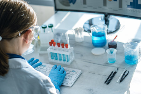 Immunologist reviews data on viral diseases and analyzes them on a computer in laboratory to increase the effectiveness of treatment. A biologist works at a computer in a laboratory and analyzes dataの写真素材