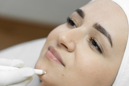 Flawless skin where botulinum therapy creates a flawless surface of the skin of the face, smoothing wrinkles and giving it youth and freshness. The womans face is close-up. Beautician makes markupの写真素材