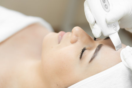 Softness and smoothness: as ultrasonic facial cleansing gently and effectively cleanses skin, improving texture. Beautician in beauty salon performs hardware procedure cleansing skin. Relax and restの写真素材