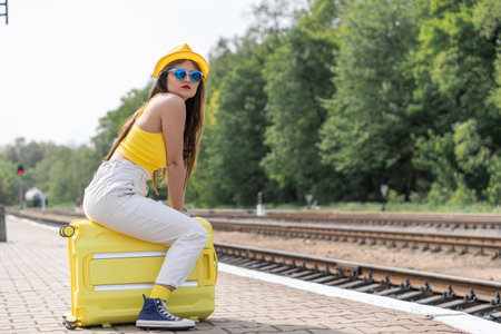A stunning start to the journey: a girl in bright yellow looks preparing for adventures abroad. A young woman in spectacular glasses and bright stylish outfits goes on her dreamy journey.の写真素材