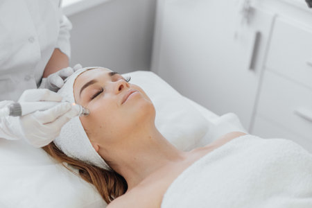 Beautician uses RF lifting to improve skin tone and tighten contour face. This safe and effective...