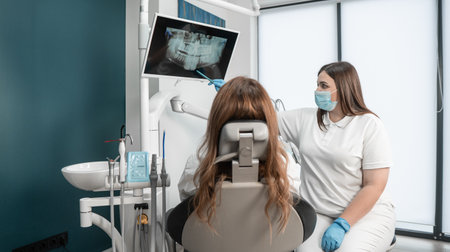 A woman at an appointment with a professional dentist who examines images to clarify problems. Analysis of a CT image of the oral cavity allows the doctor to show the patient the condition of his teeth and tissues.の写真素材