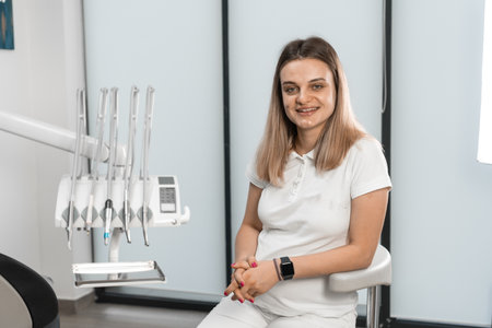 The work of a dentist is not only a treatment, but also a subtle art of aesthetics and comfort, which she embodies in each patient. A dental chair is a separate place for her attention and highly qualified treatment. Every moment is for the patients health.の写真素材