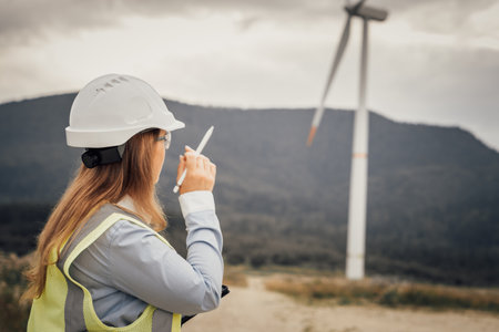 An engineer is currently engaged in the analysis of wind turbine operations within the rapidly growing renewable energy sector, focusing on sustainability and innovative technology solutionsの写真素材