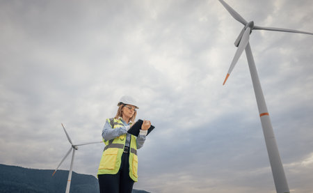 A Renewable Energy Worker monitors data on a tablet at a Wind Farm, showcasing the vital role of...