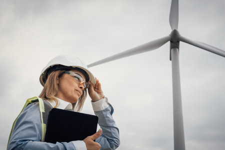 A dedicated female engineer is meticulously evaluating the performance of wind turbines at a cuttingedge renewable energy facility, ensuring efficiency and sustainability in energy productionの写真素材