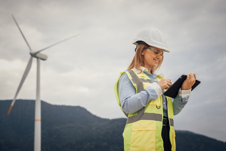 A skilled female engineer monitors wind turbines with a tablet, ensuring optimal performance. Her expertise is vital for advancements in renewable energy technologies and sustainable developmentの写真素材