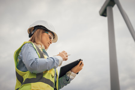 A female engineer is currently inspecting a renewable energy site, using her tablet to monitor various aspects of the project, demonstrating her skills and expertise in technology and sustainabilityの写真素材