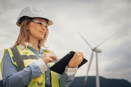 An experienced female engineer is inspecting a wind turbine site, using her tablet to assess the equipments functionality and ensure compliance with strict sustainability standardsの写真素材
