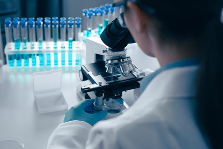 A scientist is meticulously examining various samples under a highpowered microscope in a...
