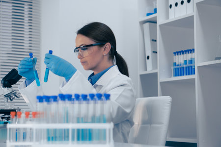 A scientist is performing a detailed analysis of various test tubes in a stateoftheart modern laboratory setting, contributing to advancements in biotechnology, chemistry, and healthcareの写真素材