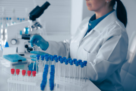 A scientist is meticulously analyzing various samples under a highpowered microscope in a stateoftheart modern laboratory, utilizing advanced technology to gain insights into biological processesの写真素材