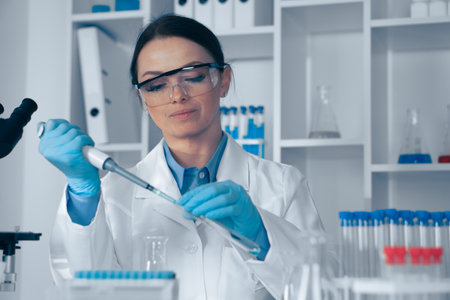 In a cuttingedge lab, a dedicated scientist conducts complex experiments with advanced tools to enhance knowledge in science and healthcare, aiming to improve human life through innovative researchの写真素材