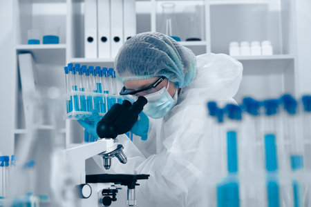 A dedicated Research Scientist is analyzing samples in a hightech lab, using advanced techniques and sophisticated equipment for extensive research across multiple scientific fieldsの写真素材