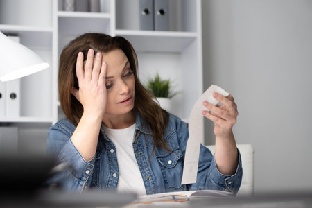 A stressed woman in her messy home office reviews financial receipts, battling anxiety as she reflects on her ongoing financial difficulties and daily challenges that overwhelm herの写真素材