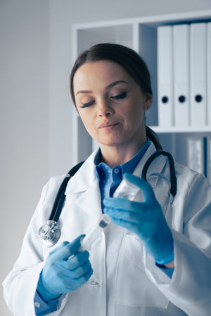 A dedicated medical professional is carefully preparing a vaccine in a clinical setting, ensuring...