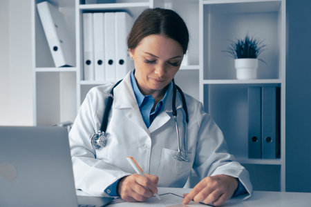 A highly focused and dedicated female doctor is diligently writing notes in her medical office, demonstrating her commitment to patient care and professional collaboration in the healthcare fieldの写真素材