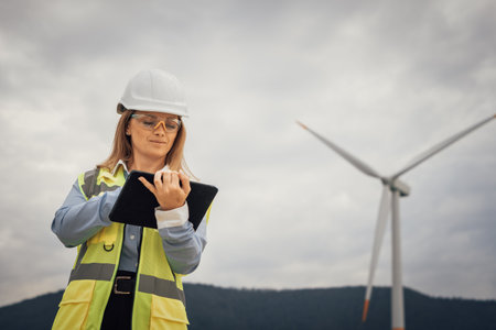 A skilled female engineer is actively working at a wind farm, utilizing her tablet to effectively manage various aspects of the project, ensuring smooth operations and progress trackingの写真素材