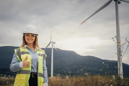 This confident female engineer is actively engaged at a wind farm, contributing to the development of renewable energy infrastructure that promotes sustainability and innovation in the industryの写真素材