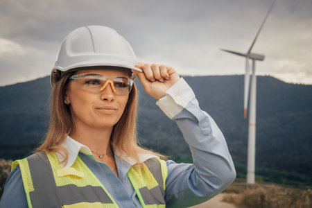 A female engineer is depicted wearing safety gear while working at a wind farm, showcasing her dedication to innovation in this beautiful landscape, alongside her fellow techniciansの写真素材