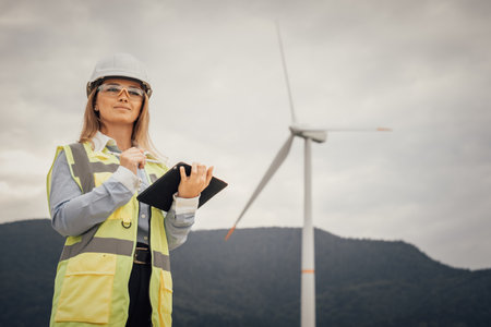 A dedicated female engineer oversees complex wind farm operations, showcasing her expertise and leadership in sustainable energy, innovation, efficiency, and environmental integrityの写真素材