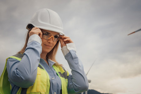A professional female engineer is meticulously adjusting her safety gear while working on a large wind farm, ensuring both her safety and efficiency in her role within the renewable energy sectorの写真素材