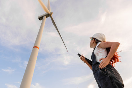 A young female engineer studies a wind turbines design, analyzing its functions and harnessing renewable energy under a vibrant, cloudfilled sky that fuels her sustainability commitmentの写真素材