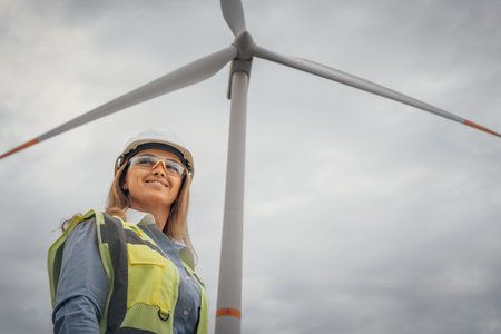 A confident female engineer stands proudly before a towering wind turbine, symbolizing the bright future of renewable energy and our commitment to environmental sustainability for generationsの写真素材