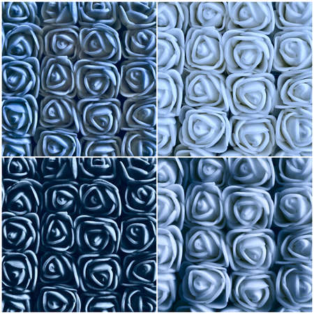 Collage of squares with a pattern of blue abstract roses.