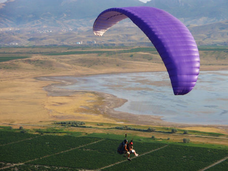 Blue paraglider flying over the ground.の写真素材