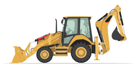 Backhoe Loader, Side View Angle, Heavy Equipment Machine, Heavy Construction Transportのイラスト素材