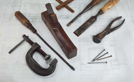 Working tools on sketch background, vintage style