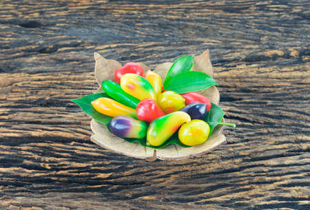 Thai dessert made from soy beans made in the form of fruitsの写真素材