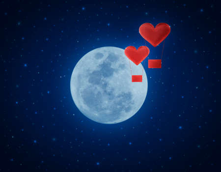Love heart air balloon on fantasy night sky and moon, love conceptの写真素材