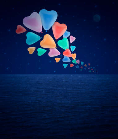 Colorful heart love balloon float on fantasy sky and moon, love conceptの写真素材