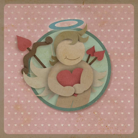 Cupid hug red love heart on retro background, recycled paper craft