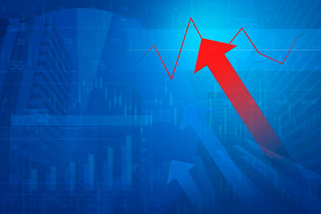 Red arrow head with Financial chart and graphs on city background, growth business