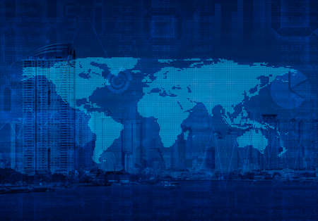 Dotted world map on city tower Global business concept Elements of this image furnished by NASAの写真素材